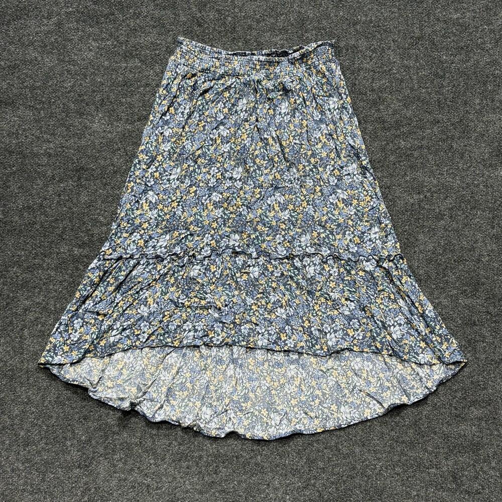 Hippie Rose Skirt Womens L Blue Floral Peasant Midi Ruffle Hem Boho Hi Low